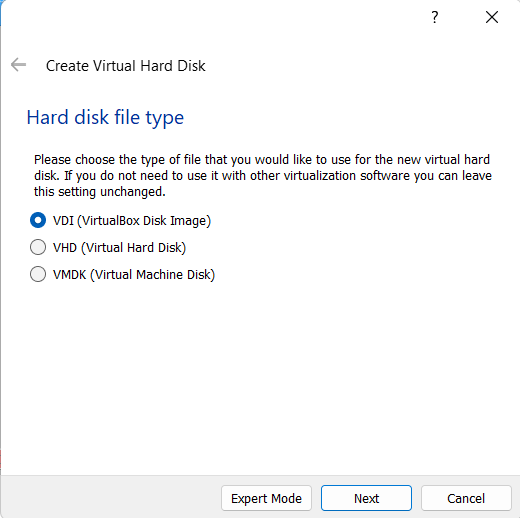 VirtualBox Choose virtual hard disk file type